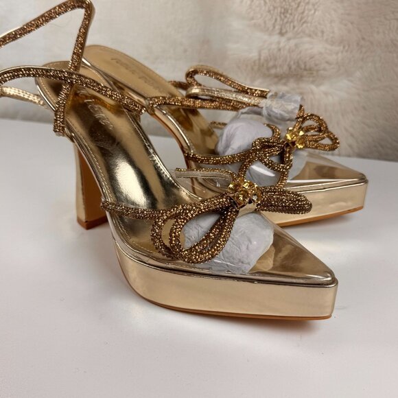Public Desire Gold Strap Platform Heels With Embellished Bow SIZE 8 - Picture 2 of 8